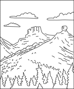 Mono line illustration of Chimney Rock National Monument in San Juan National Forest in southwestern Colorado done in monoline line art style.