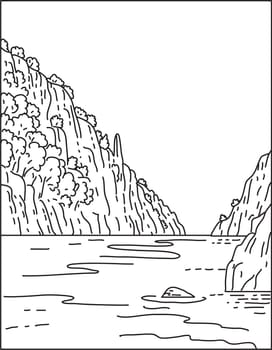 Mono line illustration of Calanques National Park Parc national des Calanques located on the Mediterranean coast in Bouches-du-Rhone, Southern France done in monoline line art style.
