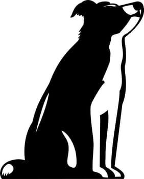 Retro woodcut style illustration of a Border Collie, a British breed of herding dog of medium size sitting looking up side view on isolated background done in black and white.