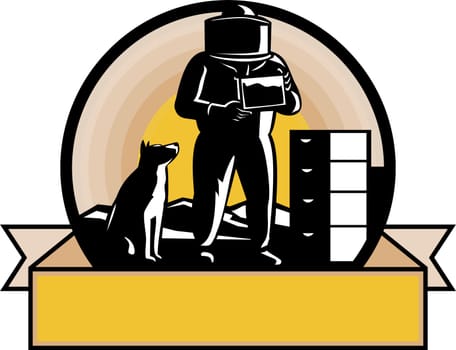 Retro style illustration of beekeeper wearing bee suit with border collie dog sitting and beehive with mountains inside circle with banner scroll in color.