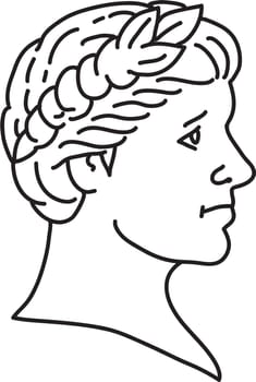 Mono line illustration of bust of an ancient Roman emperor, senator or Caesar, ruler of the Roman Empire during the imperial period wearing crown of laurel leaves side view done in monoline line art style.