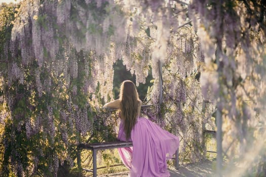 Woman wisteria lilac dress. Thoughtful happy mature woman in purple dress surrounded by chinese wisteria.