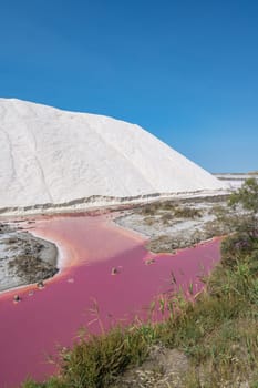 Pink Ponds In Man-made Salt Evaporation Pans In Camargue, Salin de Guiraud, France. High quality photo