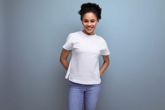 young hispanic brunette woman dressed in white t-shirt with printable template.