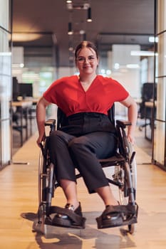 A modern young businesswoman in a wheelchair is surrounded by an inclusive workspace with glass-walled offices, embodying determination and innovation in the business world.