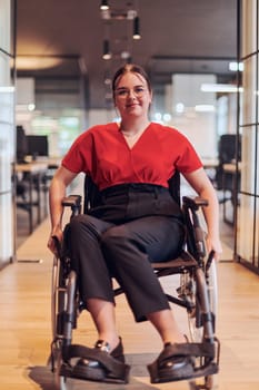 A modern young businesswoman in a wheelchair is surrounded by an inclusive workspace with glass-walled offices, embodying determination and innovation in the business world.