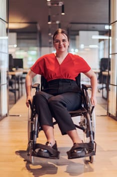 A modern young businesswoman in a wheelchair is surrounded by an inclusive workspace with glass-walled offices, embodying determination and innovation in the business world.