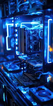 Close-up view of a custom-built gaming PC with liquid CPU Cooler and neon lights. Premium gaming setup. Gaming computer.