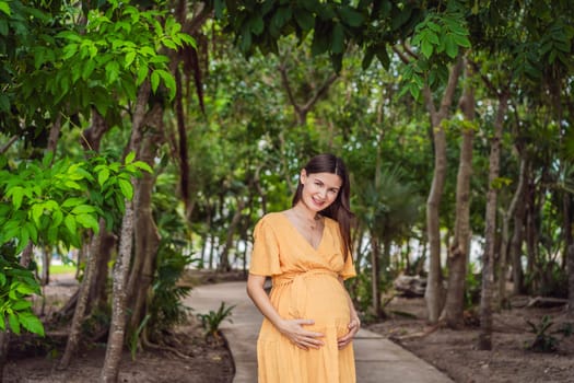 A serene and radiant pregnant woman after 40, surrounded by nature's beauty in the park, cherishing the journey of motherhood with a glowing smile.