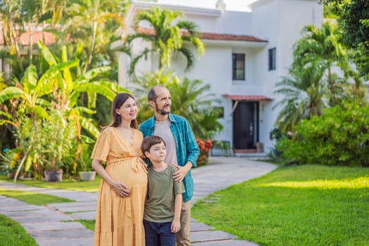 A heartwarming photo depicting a family after 40, with a pregnant mom, dad, and their teenage son, celebrating their new milestone of buying a house together.