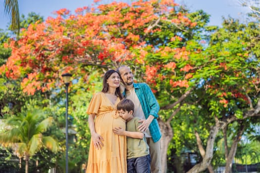 A loving family enjoying a leisurely walk in the park - a radiant pregnant woman after 40, embraced by her husband, and accompanied by their adult teenage son, savoring precious moments together amidst nature's beauty. Pregnancy after 40 concept.