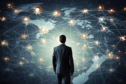 Business man looking at global structure networking and data exchanges customer connection on world map background.