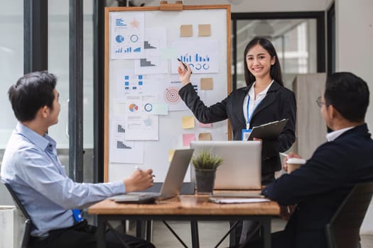 Businesswoman presenting data analysis on a board to her colleagues in the company.