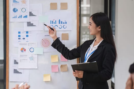 Close up, businesswoman presenting data analysis on a board to her colleagues in the company..