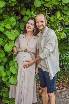 A blissful scene in the park as a radiant pregnant woman after 40 and her loving husband after 40, cherish the joy of parenthood together, surrounded by nature's serenity.