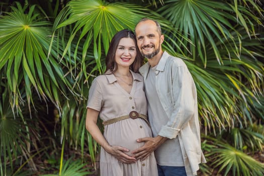 A blissful scene in the park as a radiant pregnant woman after 40 and her loving husband after 40, cherish the joy of parenthood together, surrounded by nature's serenity.