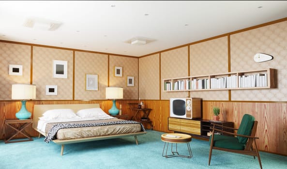 retro bedroom interior. 3d design concept