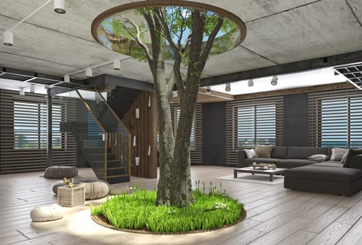 Modern loft interior with the tree inside. 3d rendering concept