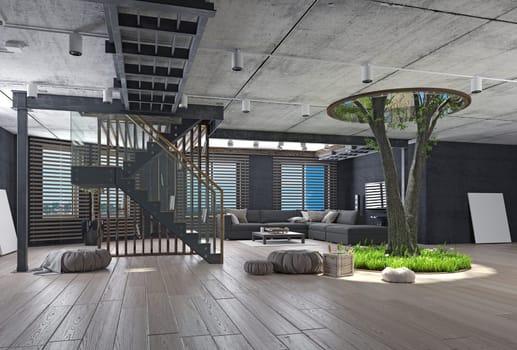 Modern loft interior with the tree inside. 3d rendering concept