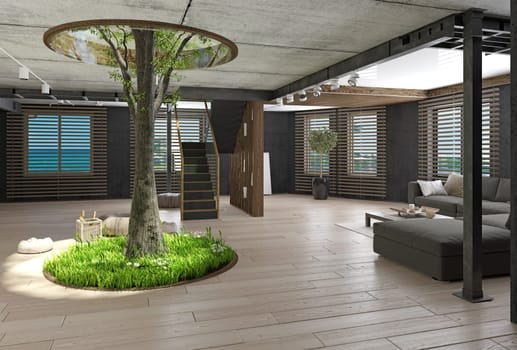 Modern loft interior with the tree inside. 3d rendering concept