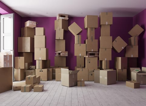 the room with a huge number of boxes. Parcel concept. The concept of moving to a new home. 3d concept