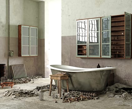 a bathtub in a dilapidated abandoned room (3d rendering and photo combination)