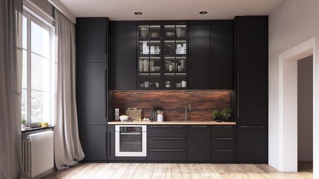 Black kitchen interior. 3d rendering design