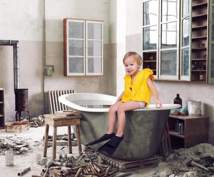 a child sits on a bathtub in a dilapidated abandoned room (3d and photo combination)