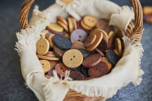 Vintage wooden buttons in a basket at the Viking Festival in Denmark.