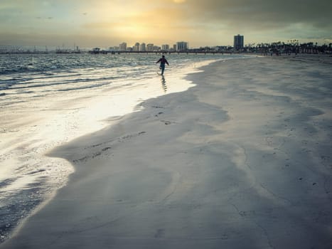 A person walking on a beach near the ocean. Photo of a person enjoying a peaceful walk along the stunning beaches of Los Angeles, California