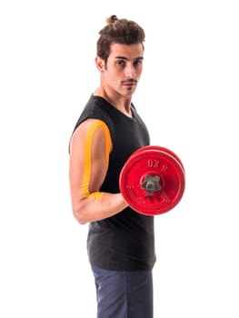 A man holding a red barbell in his right hand
