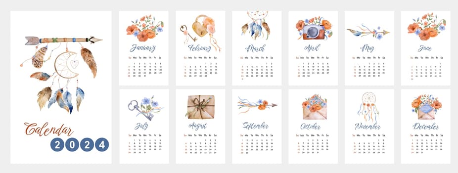 Calendar for 2024 year with watercolor boho design paintings. Annual daily planner template