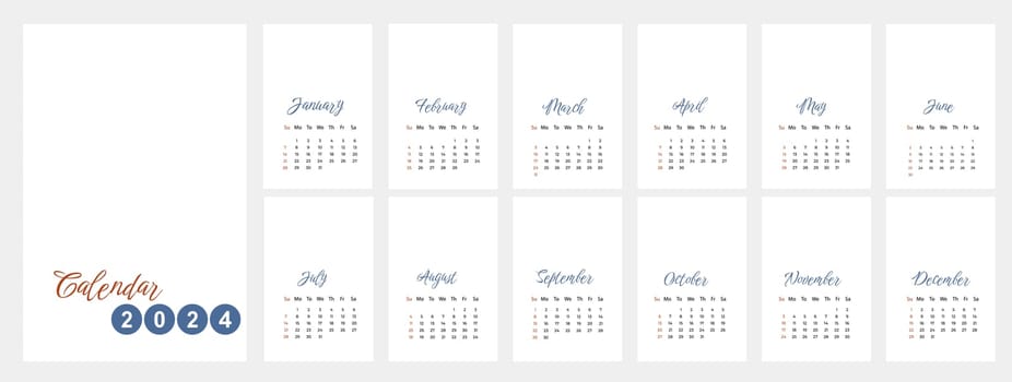calendar for 2024 year design with simple graphic for office planning with months and weeks. Annual daily organizer template