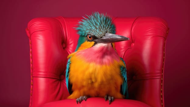 A colorful bird sits on a red chair