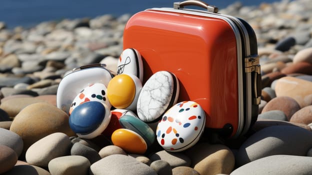 A suitcase with a bunch of rocks on it