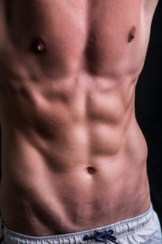 A close up of a shirtless man. Details of the torso, abs and pec muscles
