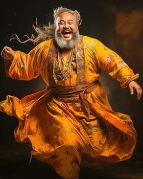 A happy man with a beard dances in an Indian costume