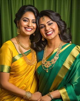 Portrait of two Indian women in yellow and green sari with jewelry