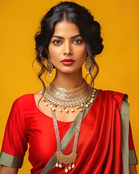 Portrait of Indian woman in red sari with jewelry