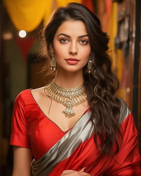 Portrait of Indian woman in red sari with jewelry