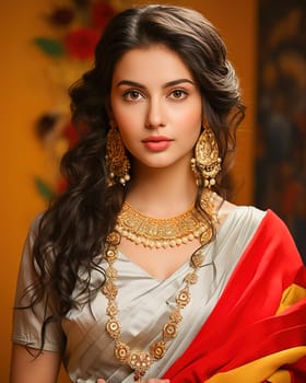 Portrait of Indian woman in silver red sari with jewelry