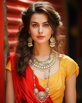 Beautiful Indian woman in red-yellow sari