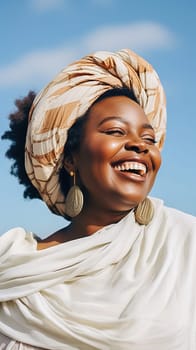 A full, cheerful African-American woman with a turban on her head, wearing white clothing