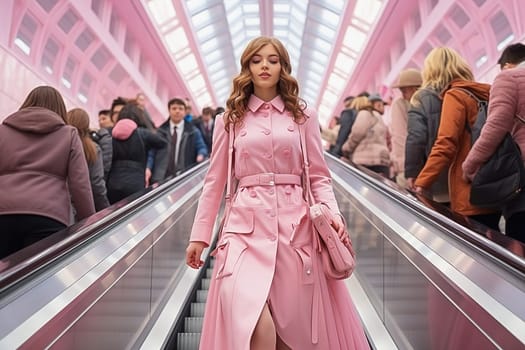 A girl rides the escalator in the subway