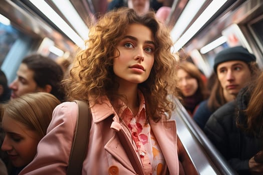 A girl rides the escalator in the subway