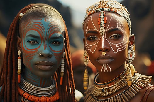 A group of African women with traditionally painted faces and jewelry from an African tribe