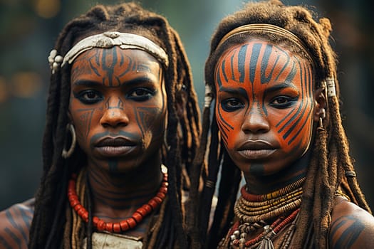 Portrait of an African man and woman with traditionally painted faces and jewelry from an African tribe