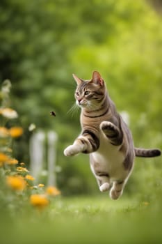 corageous cat jumping outdoors illustration generative ai art
