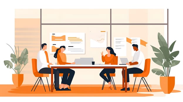 Illustration of people sitting around a table. minimalist image with flat shapes- business concept - AI generative