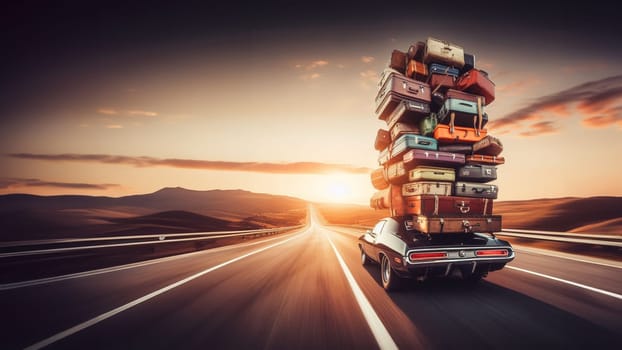 Huge luggage pile on american muscle car roof fast road travel journey holiday lifestyle experience ai generated